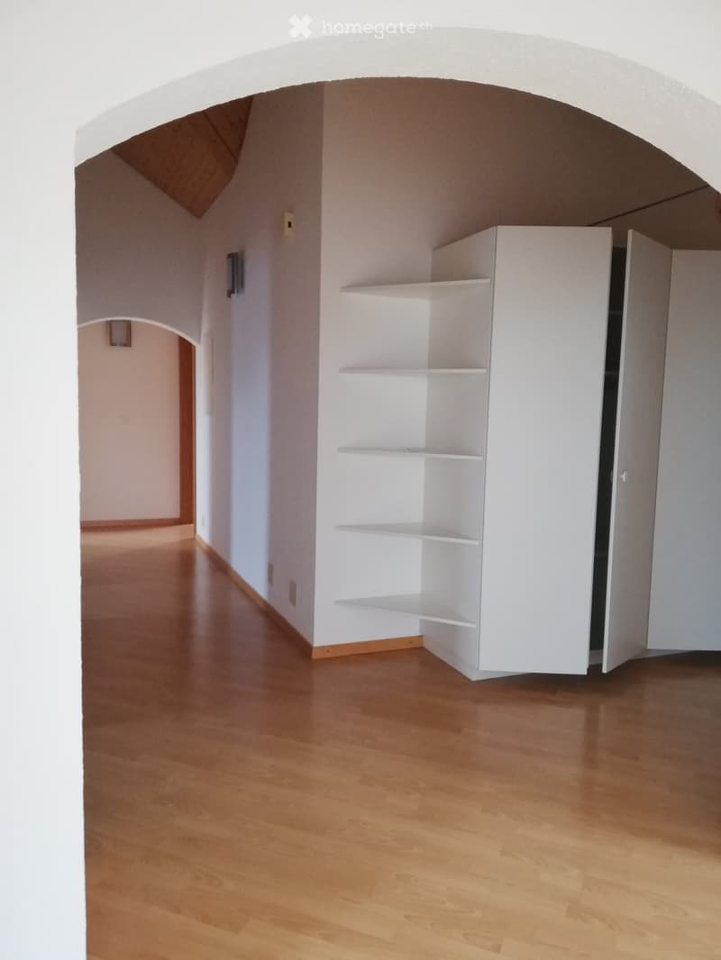 Empty room with wooden flooring, white walls, and a built-in shelving unit with open compartments.