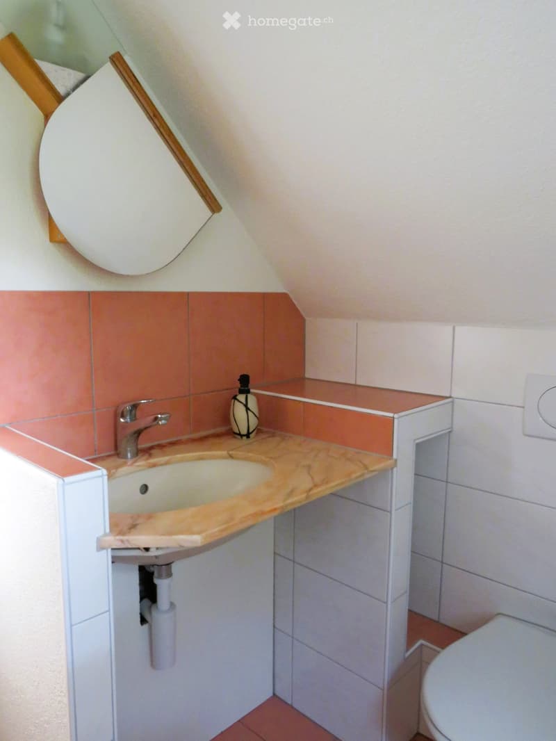 Compact bathroom with a corner sink, mirror, and toilet, featuring light wood and orange tiles.
