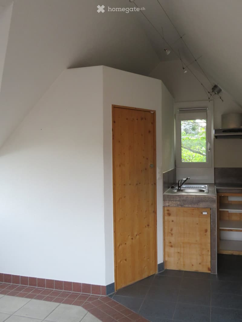Modern kitchen with wooden cabinetry, stainless steel sink, and a window overlooking greenery.