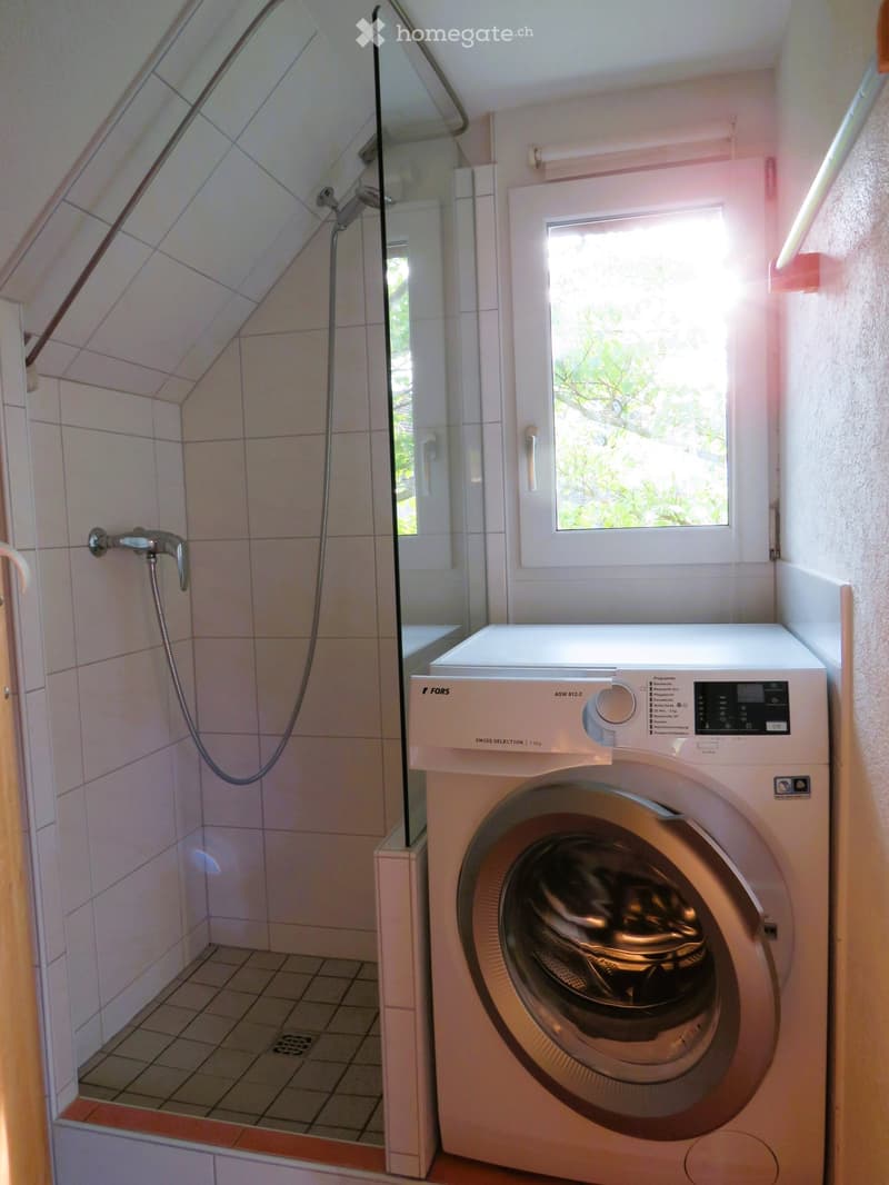 Bathroom with a washing machine, a shower area with a glass enclosure, and a window letting in natural light.