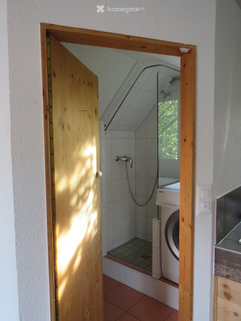 Bathroom with a shower area and a private washing machine, featuring white tiled walls and a wooden door frame.