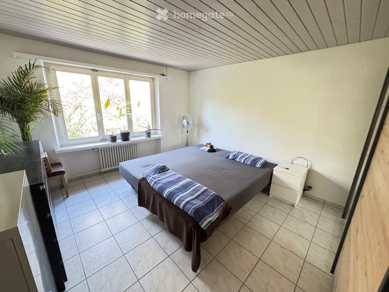 Bedroom with a double bed, nightstand, fan, chair, table, and potted plants near the window.