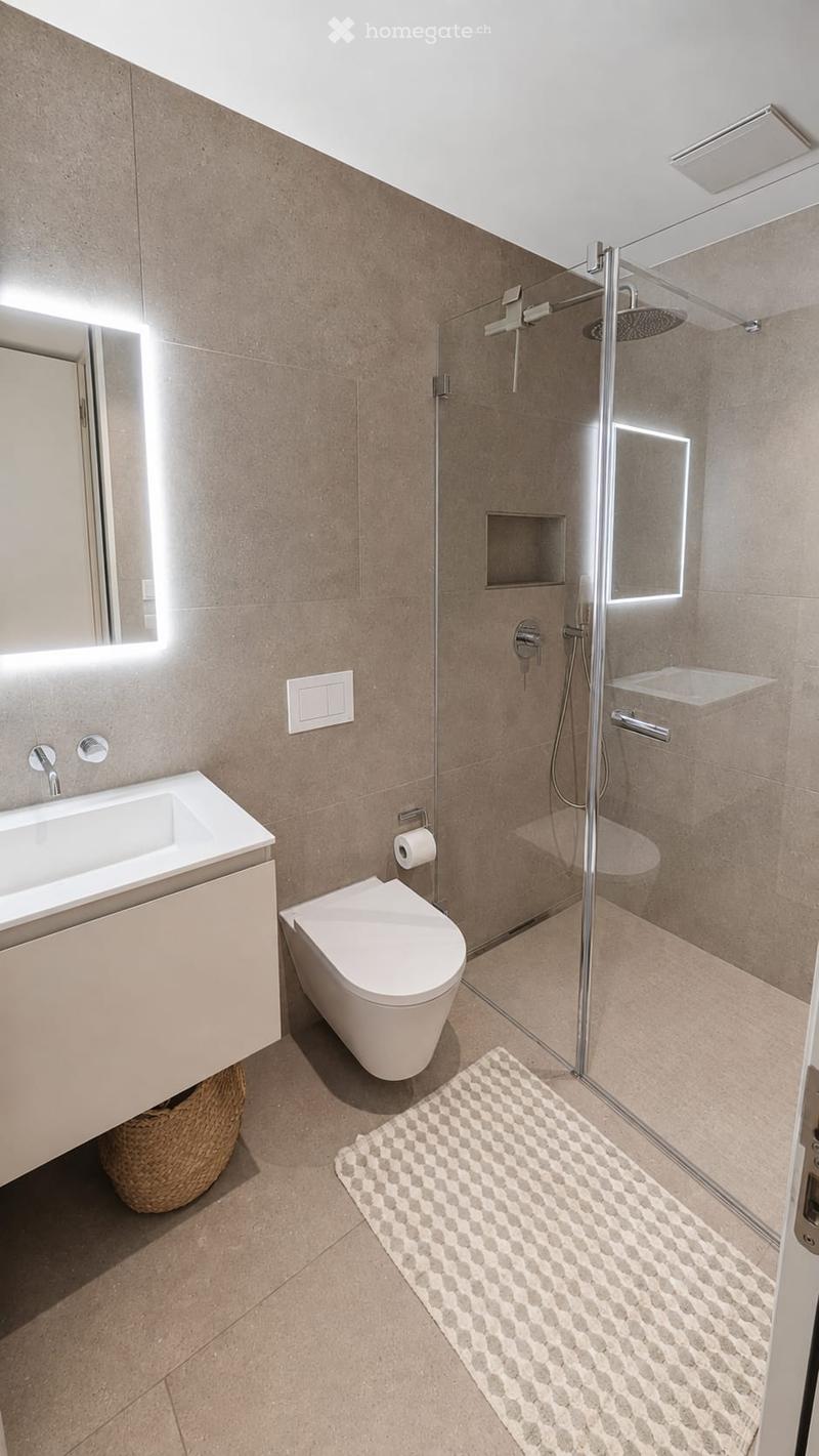 Modern bathroom with a white sink, toilet, and glass-enclosed shower. Features include a large mirror, a wicker basket, and a patterned rug on the floor.