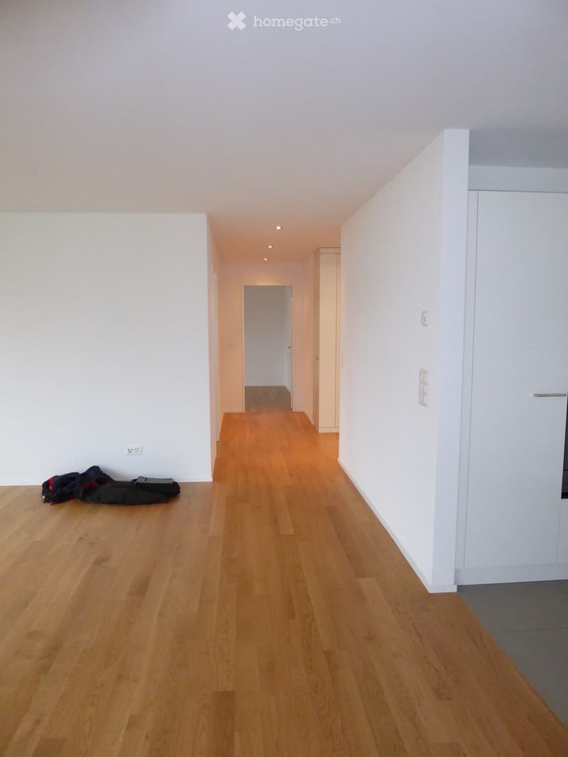 Empty hallway with light wooden flooring, white walls, and recessed lighting. A door is visible at the end of the hallway.