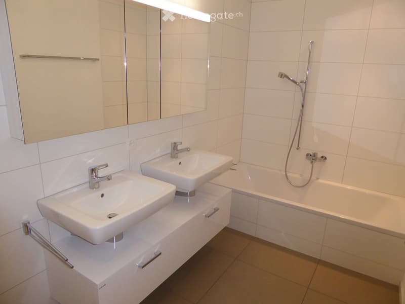 Modern bathroom with two white sinks, a bathtub, a large mirror, and a cabinet.
