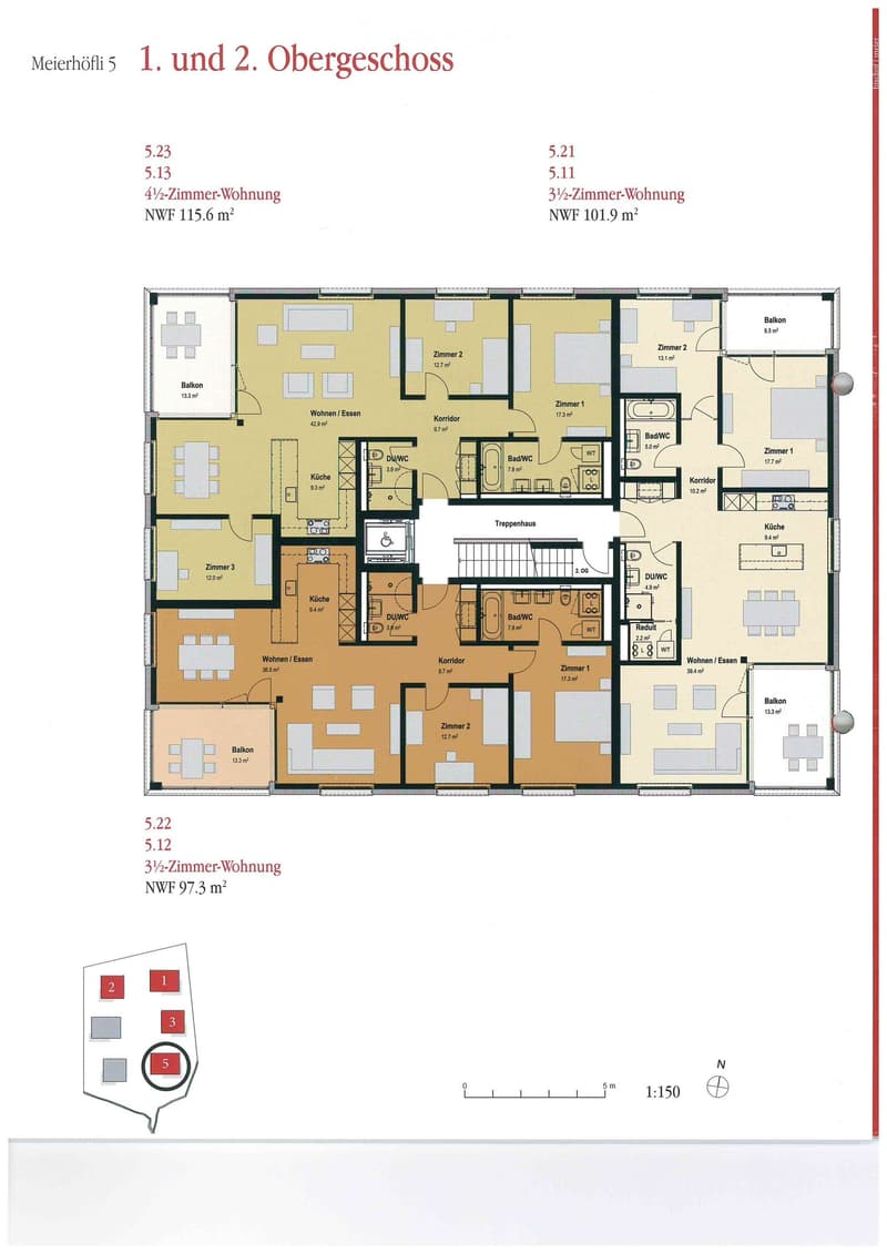 Floor plan of two apartments on the 1st and 2nd upper floors, including living/dining areas, bedrooms, kitchens, bathrooms, and balconies.