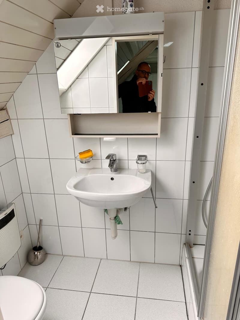 Modern bathroom with white tiles, a sink with a mirror cabinet, a toilet, and a toilet brush holder. A small shelf holds a soap bar and a cup.