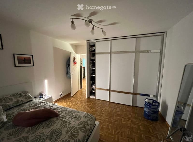 A well-lit bedroom with wooden flooring, a large bed with patterned bedding, a nightstand with a lamp, a large mirrored wardrobe, and a picture frame on the wall.