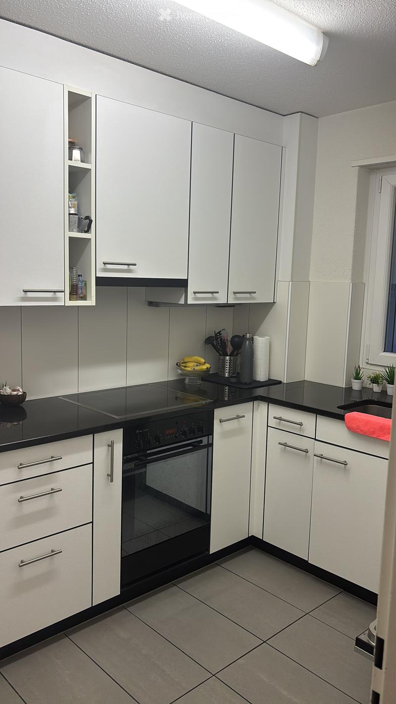 Modern kitchen with white cabinets, black countertops, and stainless steel appliances. Features an induction stove, oven, sink, and various kitchen items on the counter.