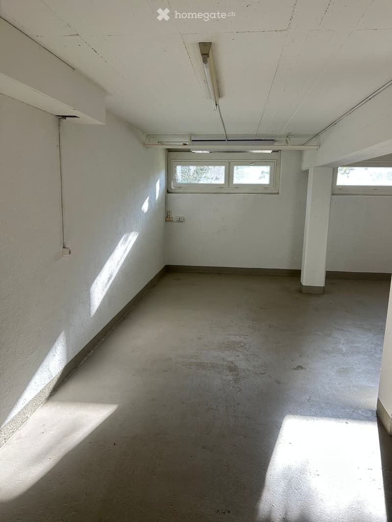 Empty room with white walls, concrete floor, and small windows allowing natural light to enter.