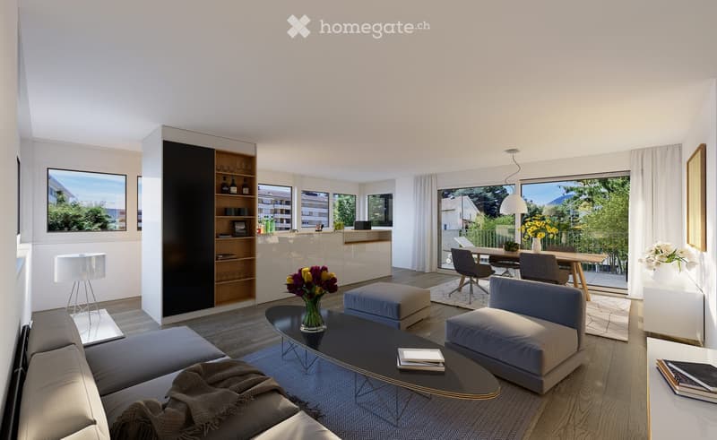 Modern living room with large windows offering a scenic view, featuring a grey sofa, coffee table, ottoman, dining area with chairs and table, bookshelf, and decorative vases.