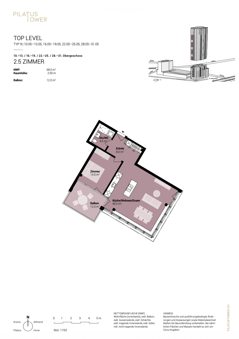 Floor plan of a 2.5-room apartment on the top level, including a kitchen/living/dining area, bedroom, entrance, bathroom, and balcony.