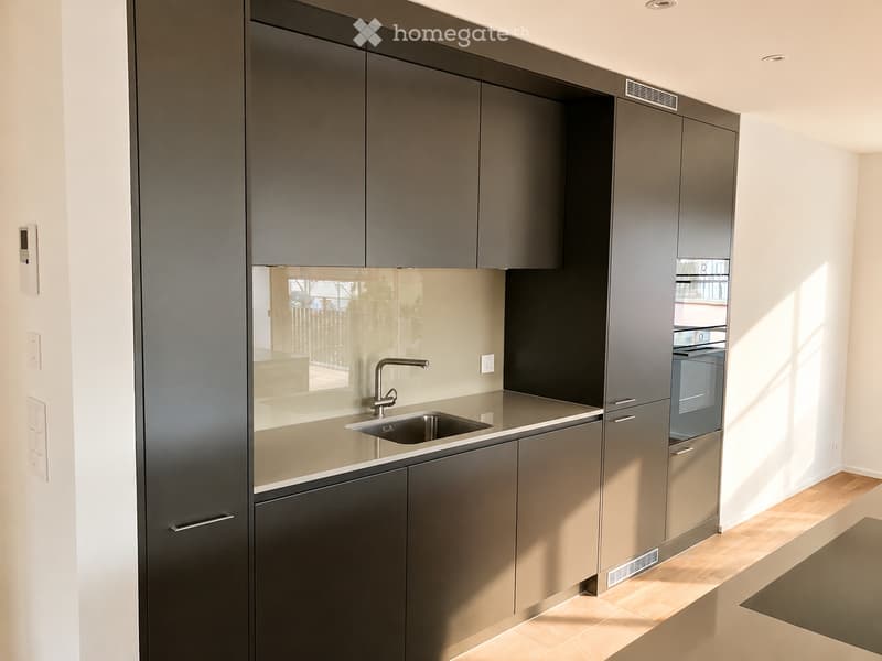 Modern kitchen with grey cabinets, stainless steel sink, and built-in oven. Light wood flooring and white walls.