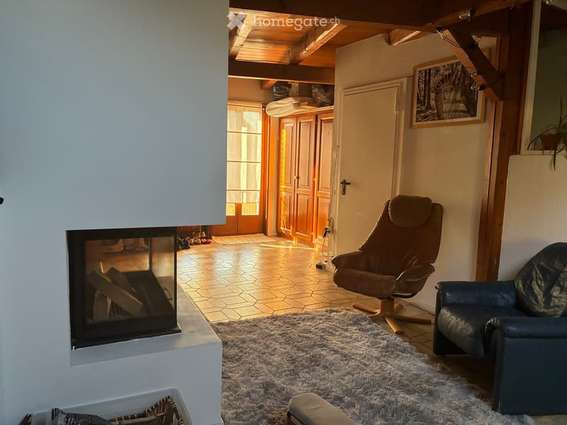 Cozy living room with a fireplace, two chairs, a large fur rug, and a view into another room with wooden doors and natural light.