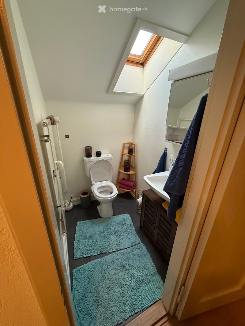 Cozy attic bathroom with a toilet, sink, mirror, and small wooden shelf holding towels and toiletries. Two blue rugs on the floor.
