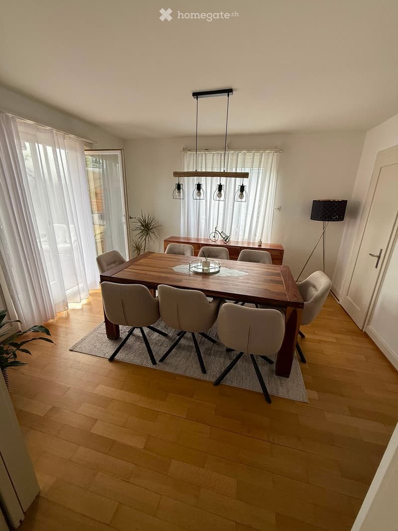 Bright dining room with wooden floor, large dining table surrounded by six chairs, pendant lights, floor lamp, and a small plant near the window.