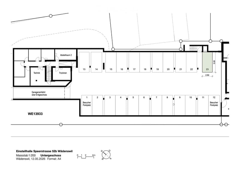 Floor plan of a basement level showing parking spaces, storage rooms, technical area, and numbered sections.