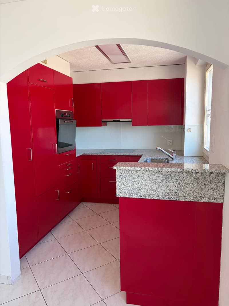 Modern kitchen with red cabinets, granite countertop, stainless steel oven, and sink.