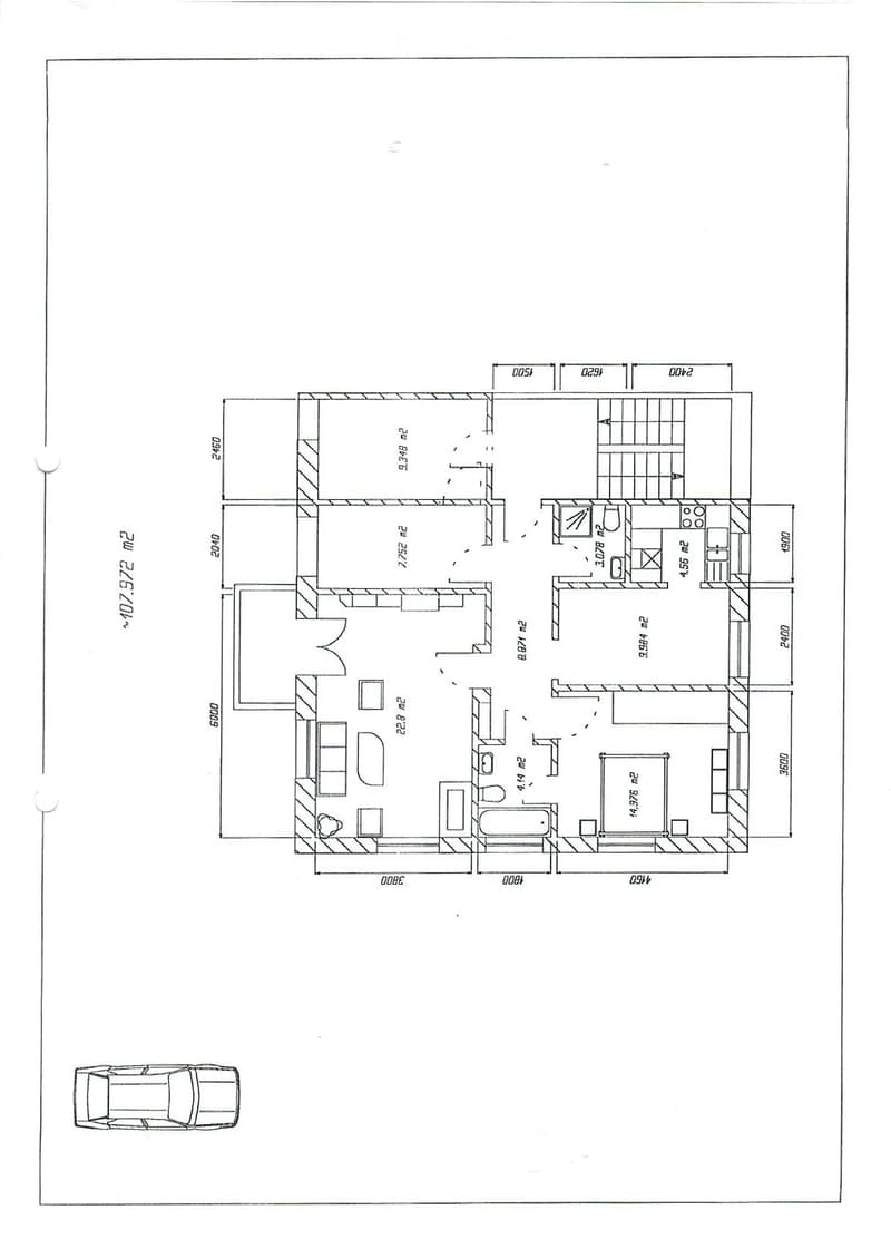 Floor plan of a residential unit with multiple rooms including a living area, bedrooms, bathrooms, and a kitchen. Dimensions are labeled in meters.