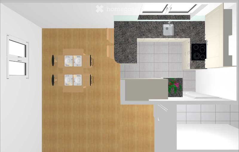 Layout of a compact kitchen and dining area. Includes a sink, stove, countertop, dining table with chairs, and a small window.