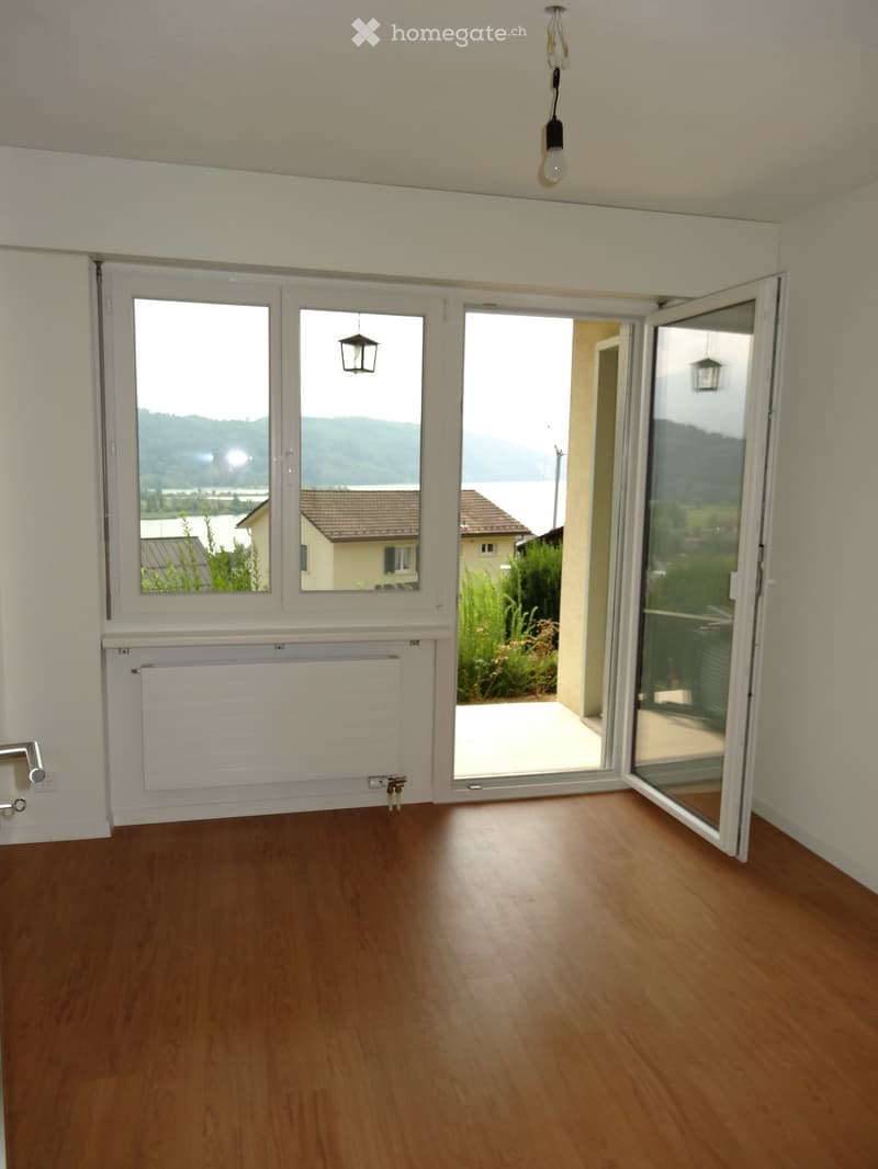 Empty room with wooden flooring, large windows, and a radiator. The room has a view of a scenic landscape through the windows and an open sliding door leading to a balcony or terrace.