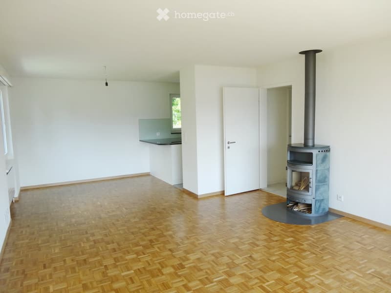 Empty room with wooden flooring, white walls, and a wood-burning stove with a chimney. The room has a doorway leading to another space and a small kitchen area visible in the background.