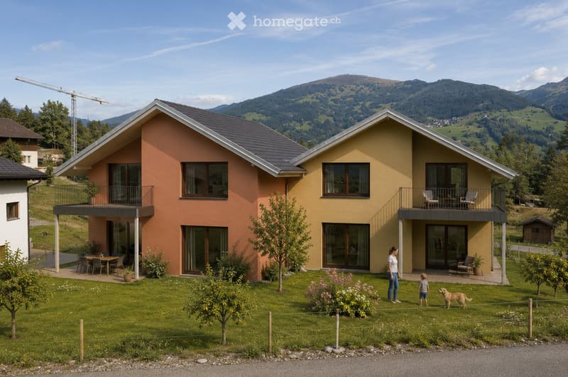 Two-story modern house with orange and yellow exterior, large windows, balconies, and a well-maintained garden with a patio and outdoor furniture.