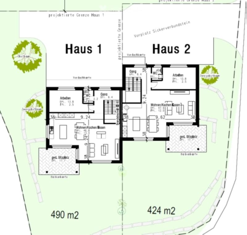 Floor plan of two houses labeled Haus 1 and Haus 2, showing rooms including living room, kitchen, bedrooms, bathrooms, and entrance areas.