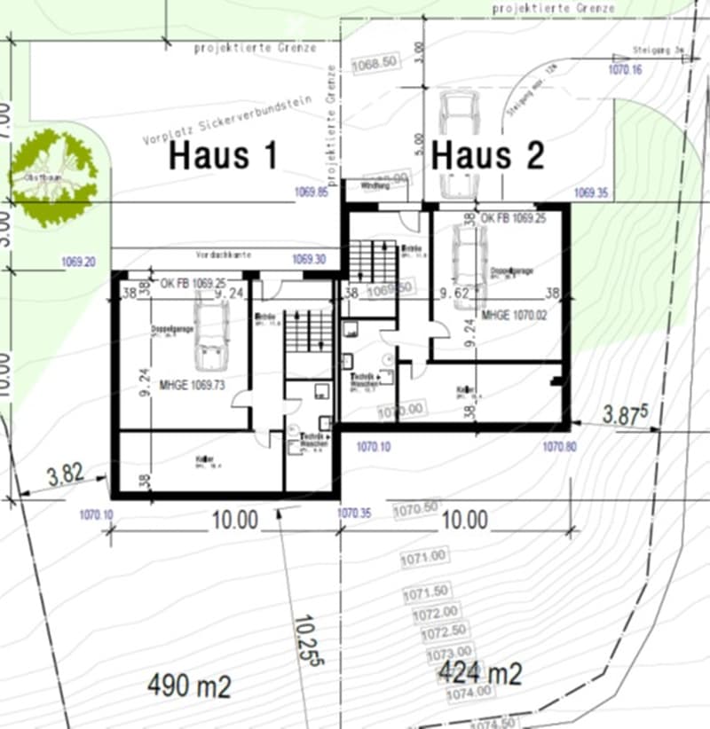 Floor plan of two houses labeled Haus 1 and Haus 2, showing layout and dimensions.