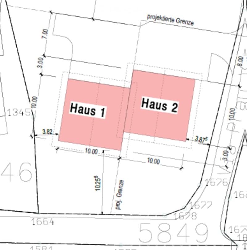 Floor plan showing two houses labeled "Haus 1" and "Haus 2" with dimensions and boundary lines.