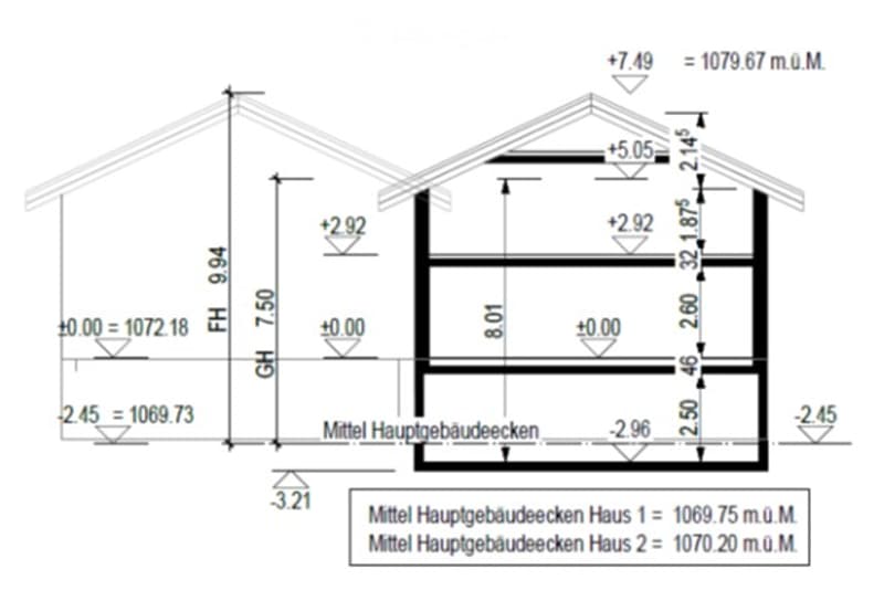 Floor plan of a two-story building with labeled dimensions and elevation levels, showing structural details and height measurements.