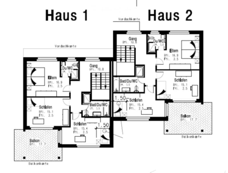 Floor plan of two houses, each with multiple rooms including bedrooms, bathrooms, and balconies.