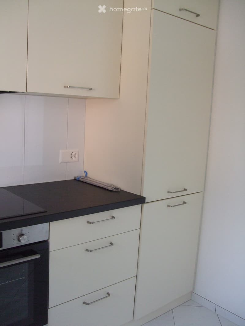 Modern kitchen with white cabinets, black countertop, and built-in oven.