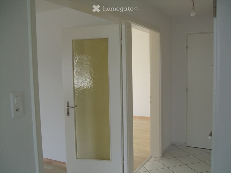 Empty hallway with white walls, tiled floor, and a frosted glass door leading to another room.