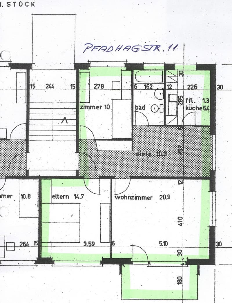First-floor floor plan showing a living room, kitchen, bedroom, bathroom, and hallway with labeled dimensions.