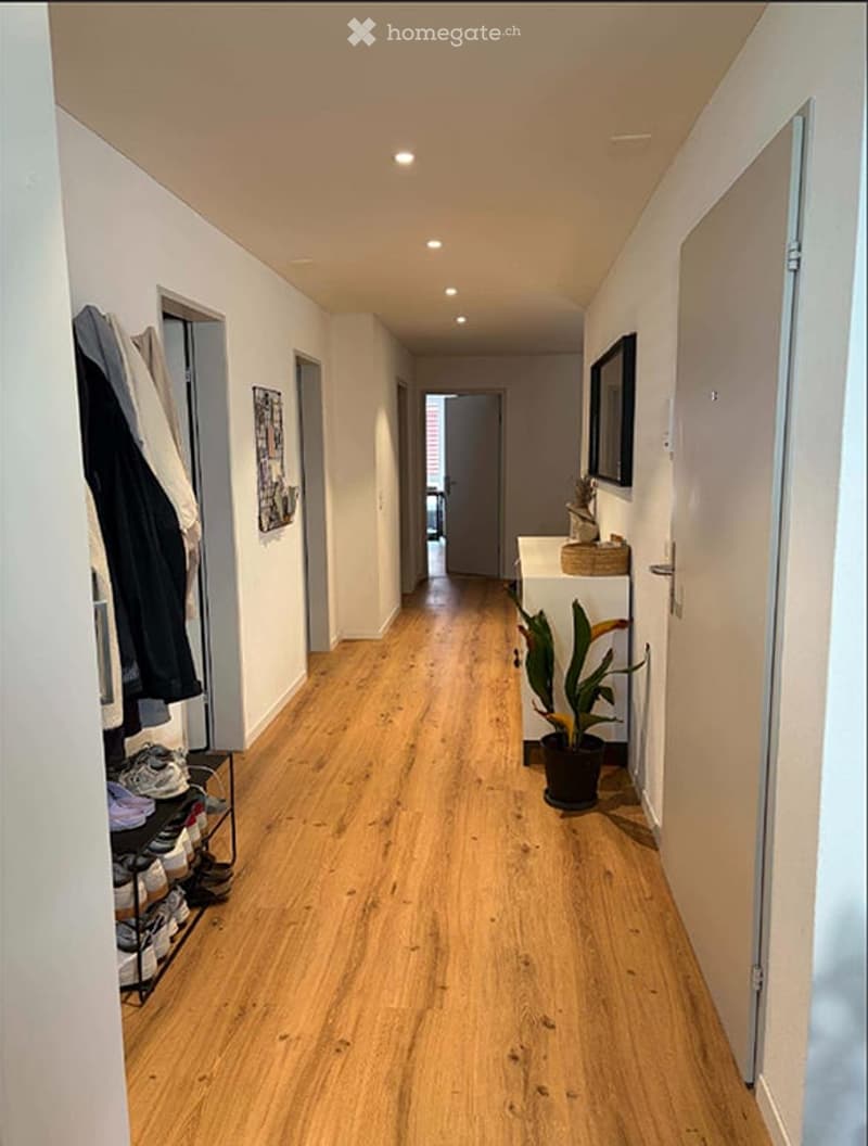A long, narrow hallway with light wooden flooring and white walls. There are several doors along the sides, a small shoe rack with shoes, a coat rack with jackets, and a potted plant near the end of the hallway.