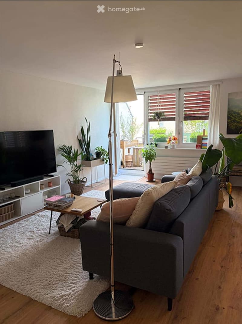 Modern living room with a grey sofa, coffee table, floor lamp, TV stand, and several potted plants. The room features wooden flooring and large windows with blinds.