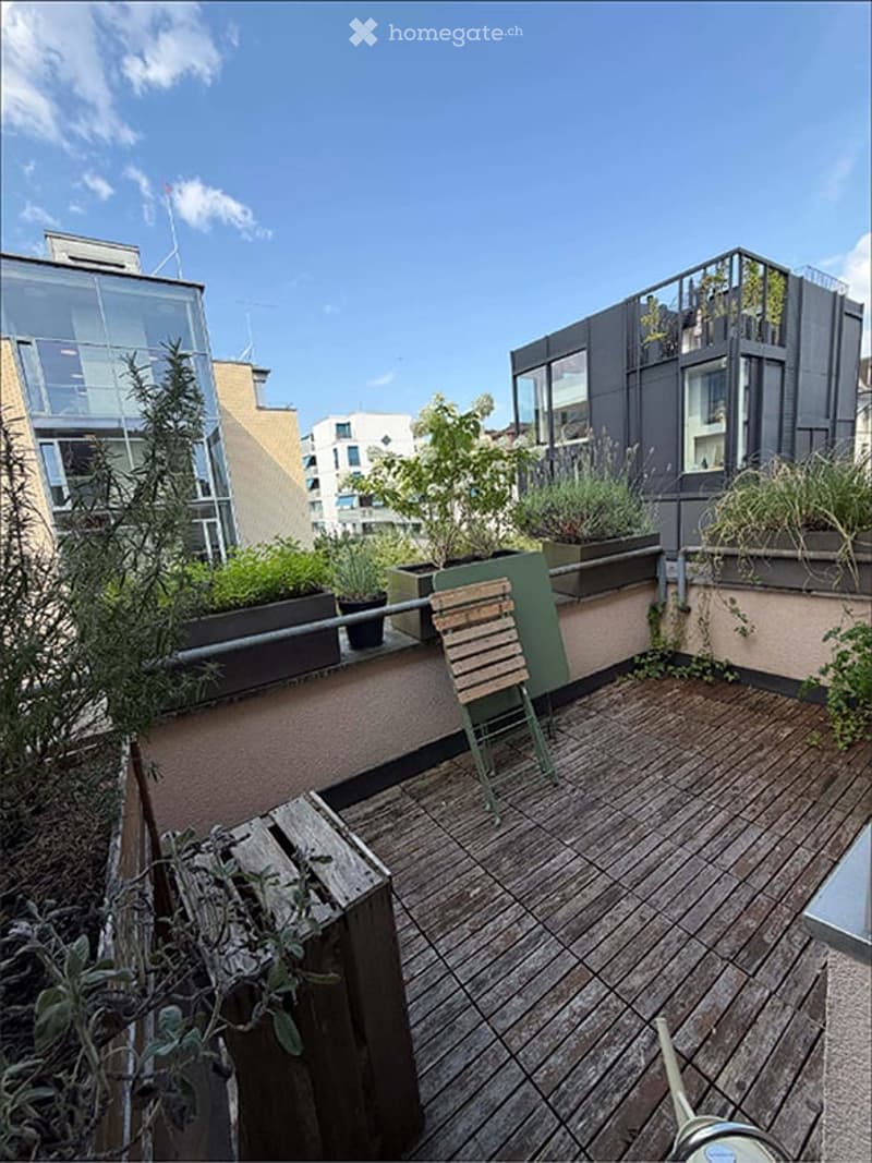 Rooftop terrace with wooden decking, potted plants, and a small wooden bench.