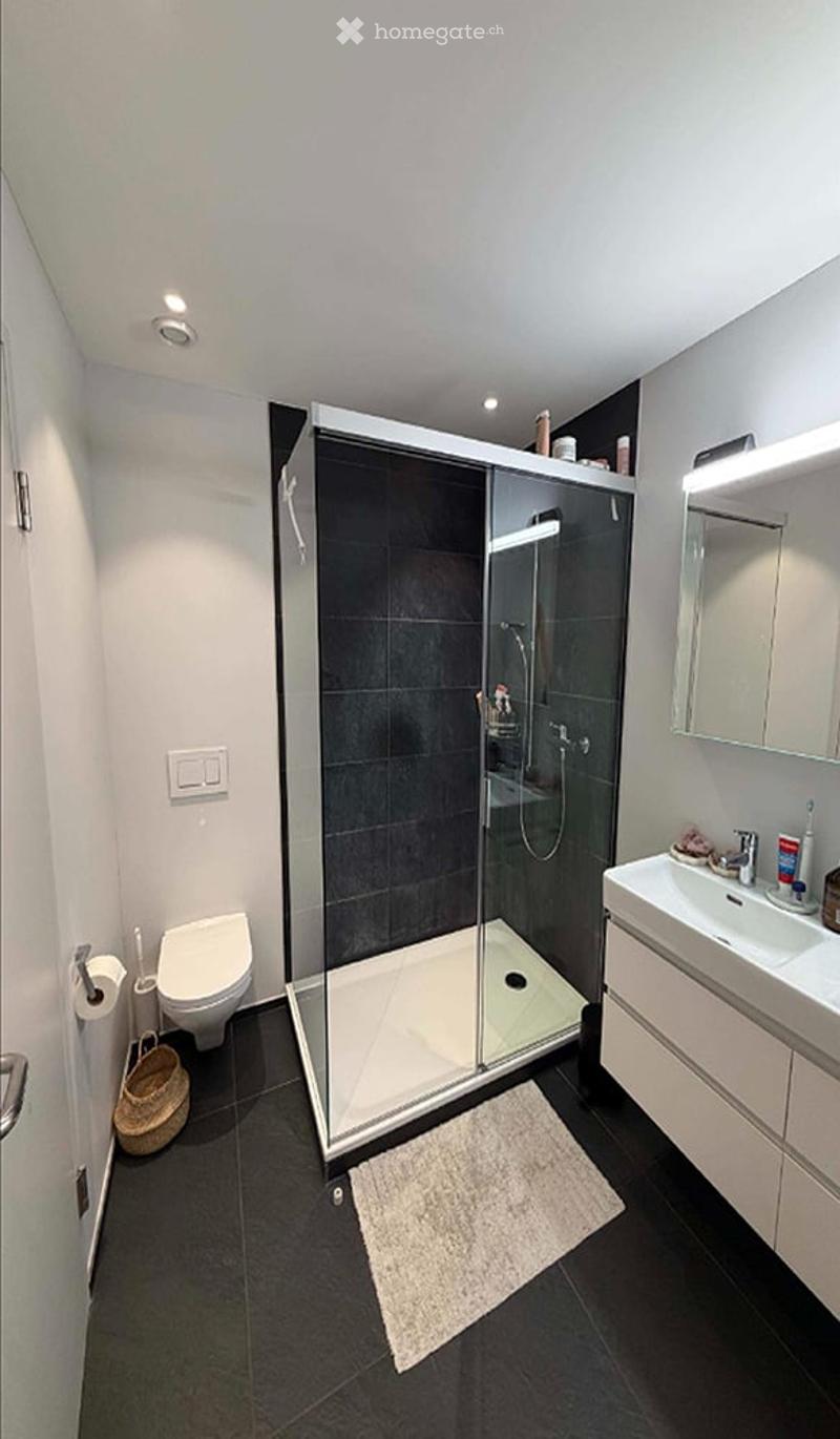 Modern bathroom with a glass-enclosed shower, toilet, sink with cabinet, mirror, and a small wicker basket on the floor.