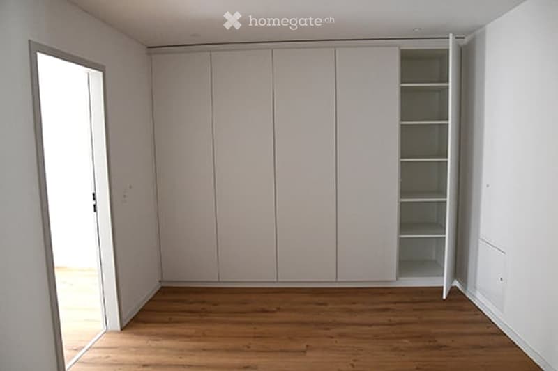 Empty room with light-colored walls, wooden floor, and built-in closet with open shelving on one side.