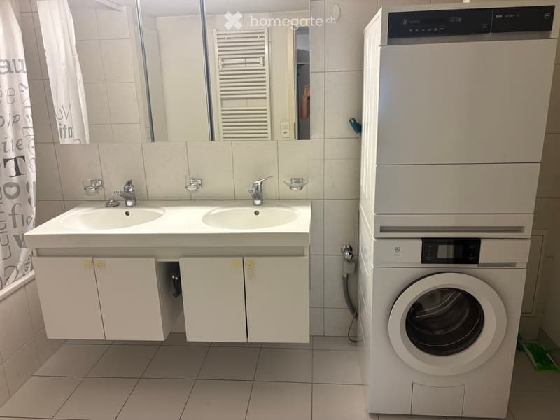 Modern bathroom with a double sink, mirror, and a stacked washer/dryer unit.