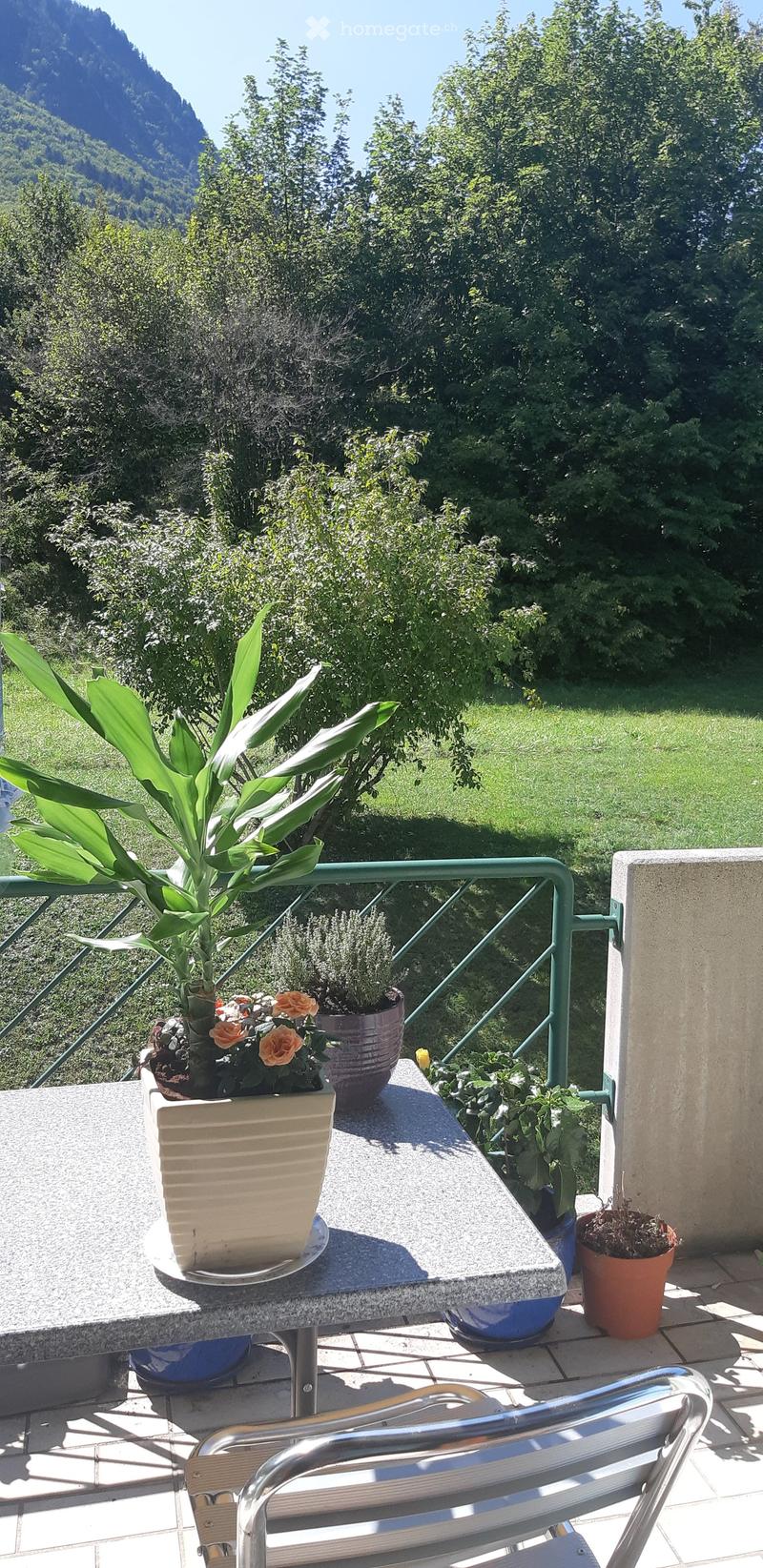 Balcony with a table, several potted plants, and a metal chair, overlooking a green, mountainous landscape.
