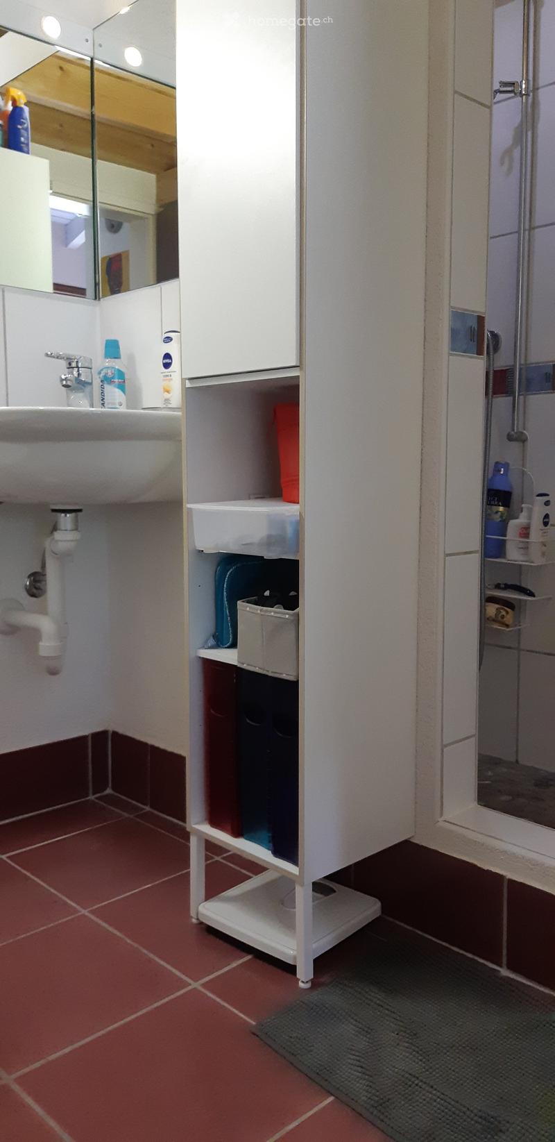Bathroom with red tiled floor, white cabinet, sink, mirror, and various toiletries.