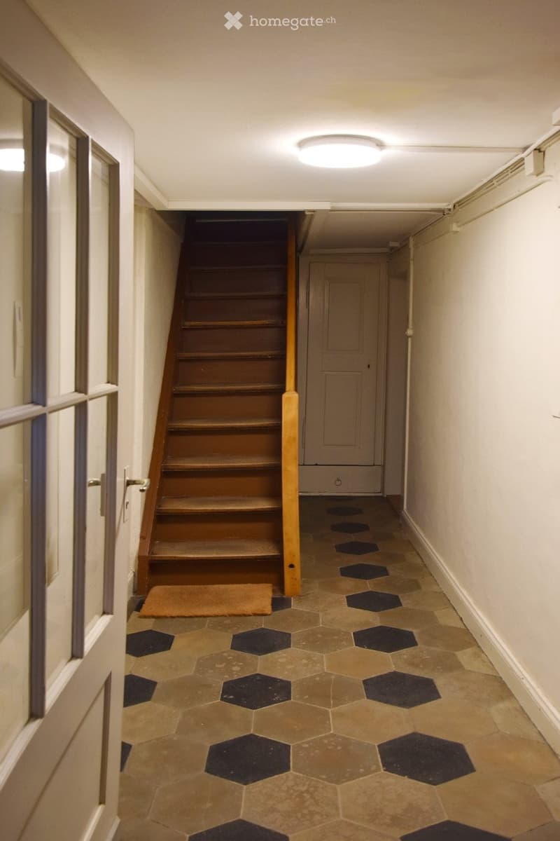 Hallway with wooden staircase, hexagonal tile floor, and a small rug at the base of the stairs.