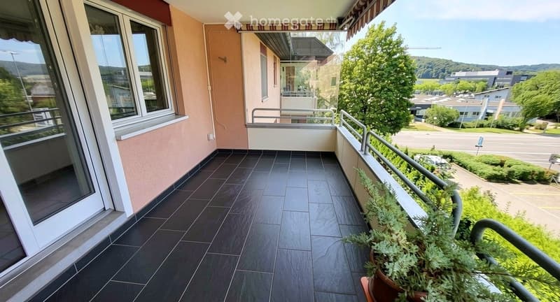 Balcony with dark tiled flooring, metal railing, potted plant, and scenic view of greenery and road.