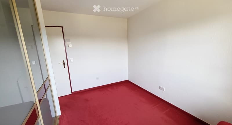 Empty room with white walls, red carpet, and a closed door with a silver handle.