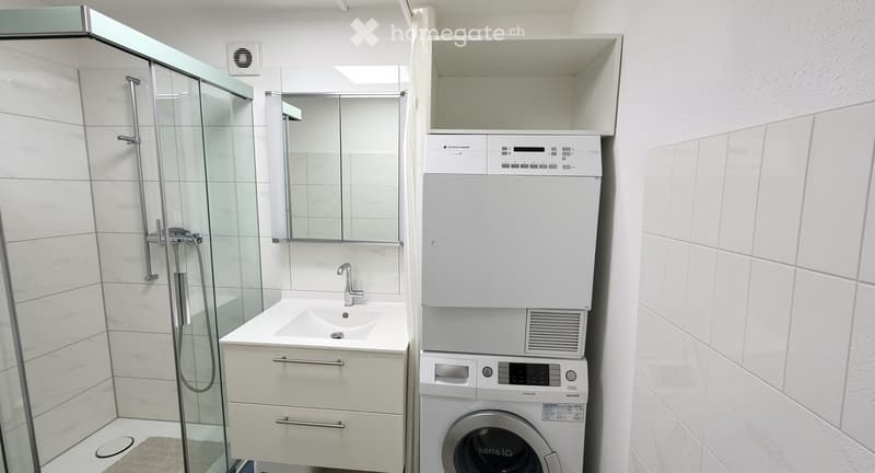 Modern bathroom with white tiles, a glass-enclosed shower, a sink with a mirror, and stacked washing machine and dishwasher units.
