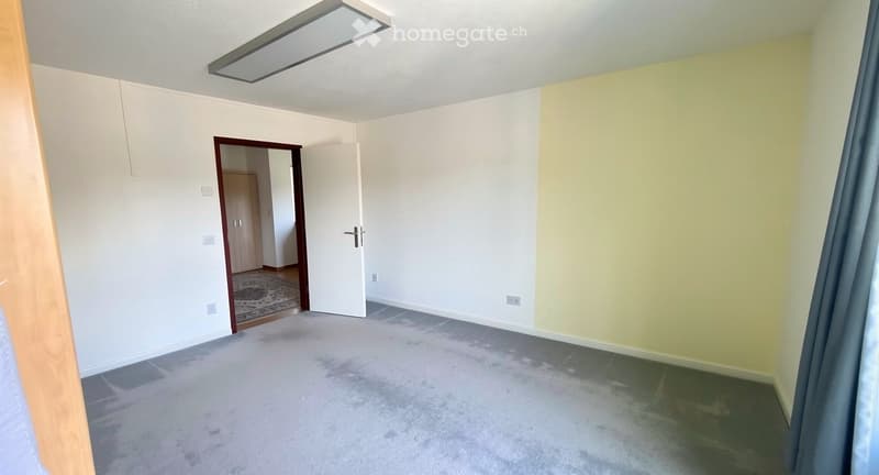 Empty room with light grey carpet, white walls, and a single door leading to another room.