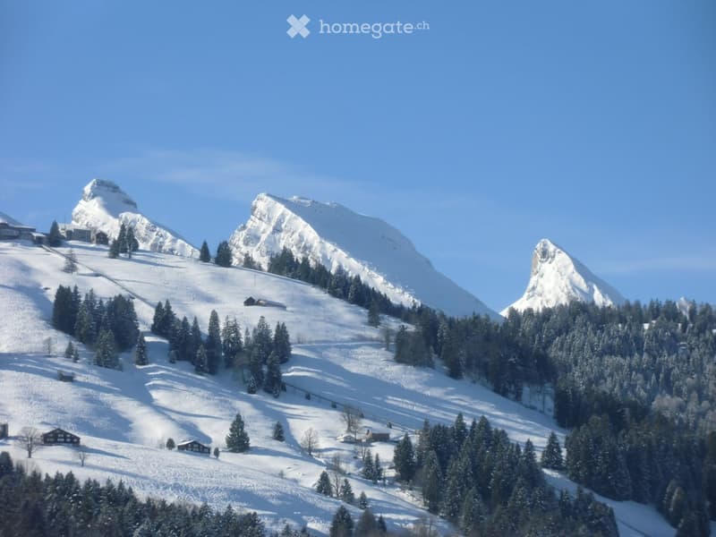 A snowy mountain landscape with scattered houses and trees, surrounded by snow-covered peaks and a clear blue sky.