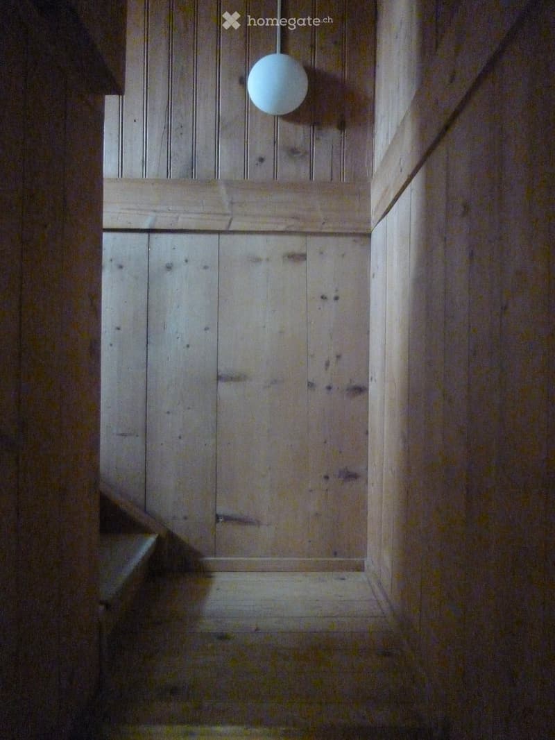 A narrow wooden hallway with a single light fixture hanging from the ceiling. The walls and floor are made of light-colored wood panels.